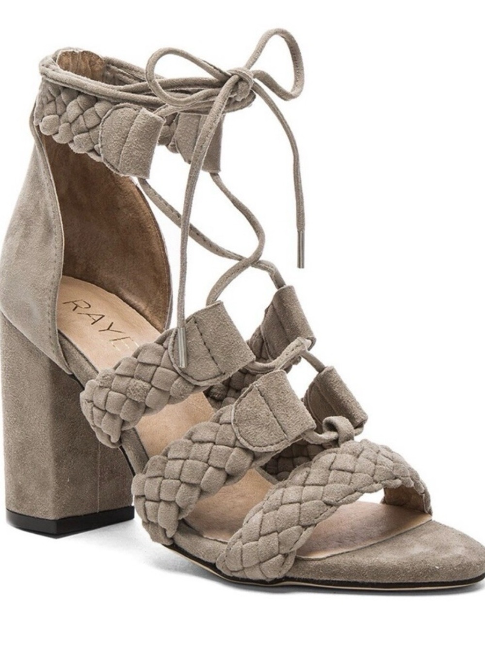 RAYE Braided Suede Lace-Up Block Heel Sandal in Taupe